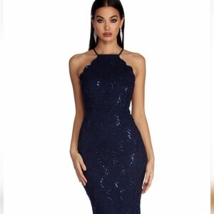 Windsor Navy Blue Sequin Lace Dress